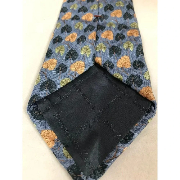 Ermenegildo Zegna Green Brown Tree Bush Leaves Blue 100% Silk Classic Neck Tie - Picture 4 of 7